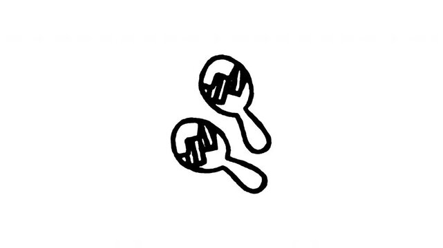 4K animated maracas shakers doodle icon with boiling line motion. Frame by frame line art on black and green screen chroma key background for Latin percussion, party rhythm, and rumba beat.