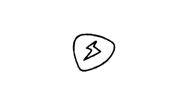 Animated 4K guitar pick doodle icon. White hand drawn line art on black and green screen backgrounds for plectrum accessory, acoustic strumming, electric guitarist, and rock band edits.