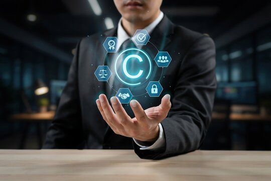 Professional businessman holding a digital copyright protection icon in a modern office space