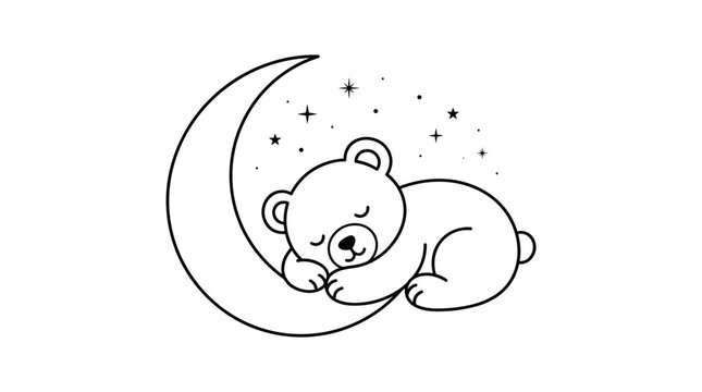 Cute cartoon bear sleeping peacefully on a crescent moon surrounded by stars and dots in a simple line art style