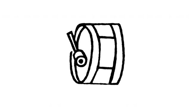 Animated doodle marching snare drum icon with line boil action. Features 4K frame by frame boiling line animation on black and green screen backgrounds for drumline, military band, and beat.