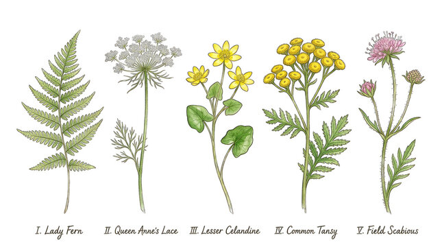 Vintage botanical illustration of five wildflowers and ferns isolated on transparent background