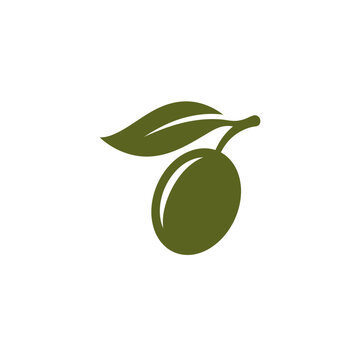 Minimalist single green olive with stem and two leaves.