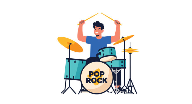 Young male musician playing enthusiastically on turquoise drum kit with pop rock logo on bass drum over white.