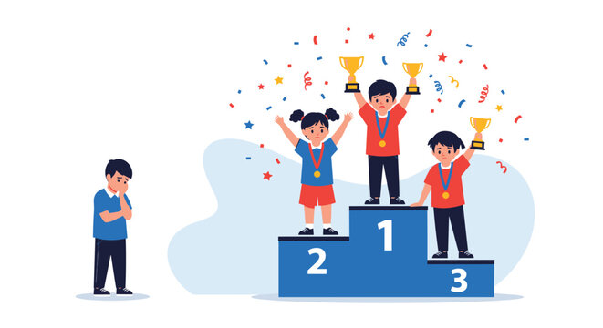 Happy children celebrating victory on podium with trophies while another boy stands sadly on the side after losing.