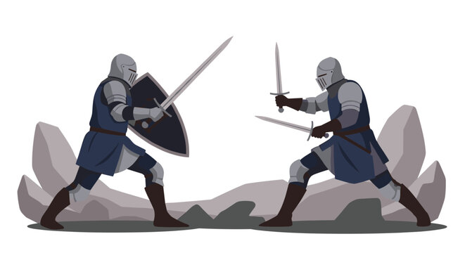 Two medieval knights in full metallic armor engaged in a fierce sword fight with shields on a rocky battlefield.