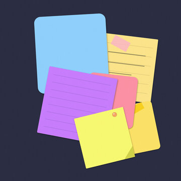A collection of colorful blank sticky notes arranged in a messy pile on a dark background