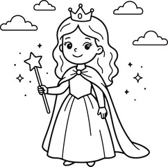 Cute little princess wearing a crown and holding a magic wand for children coloring book page design © Kochi