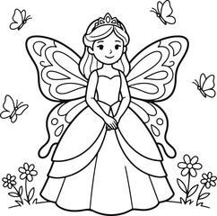 A cute little fairy princess wearing a crown and butterfly wings standing in a garden with flowers and butterflies © Kochi