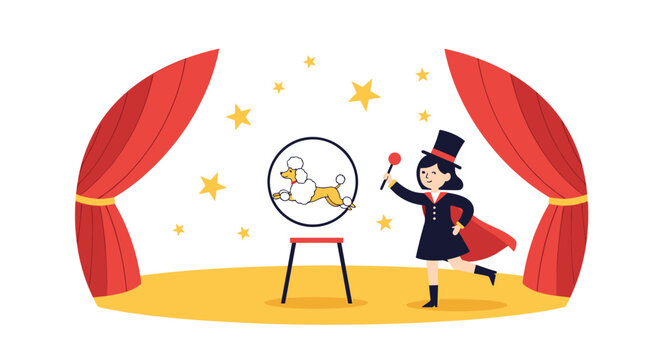 Female circus ringmaster in a top hat performing on a decorated stage with a trained poodle jumping through a hoop.