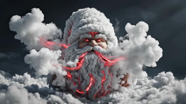 Dwarf Figure Resembling Santa Claus Formed From Fluffy White Clouds with Subtle Red Glowing Accents