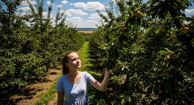 Young woman picking fresh apples in a sunny orchard on a summer day