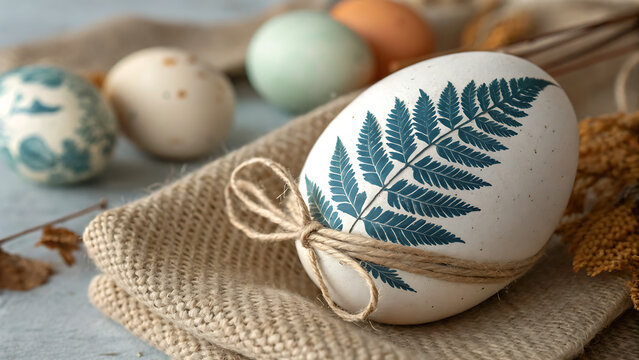 Botanical Decorated Easter Egg with Fern Leaf Pattern Wrapped in Jute Twine for Spring Celebration Concept