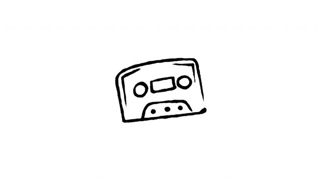 4K animated retro cassette tape doodle icon featuring boiling line motion. Frame by frame line art on black and green screen chroma key background for vintage audio, mixtape 80s, and 90s edits.