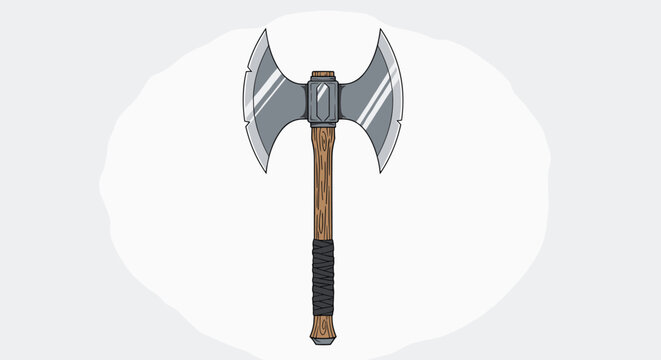 Double-headed battle axe design with detailed metallic blades, sharp notches, and wooden handle on light grey background.