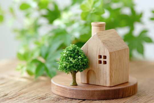 新築マイホームと環境共生木製模型と緑の木で未来の暮らし