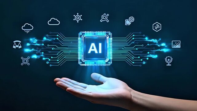 Human Hand Holding Glowing AI Processor Chip Technology Concept Animation