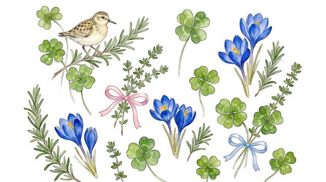 Watercolor bird with clover and crocus flowers isolated on transparent background for spring designs