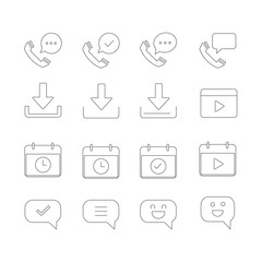 Fototapeta premium Set of communication digital user interface symbols showing telephone messaging download actions and calendar schedule planning markers for various web mobile software application menu