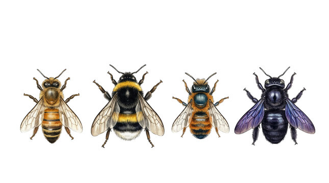 Four diverse bee species collection detailed illustration isolated on transparent background