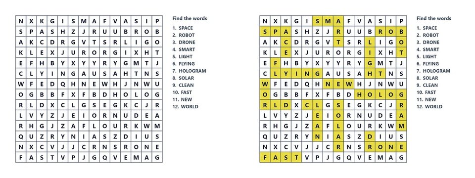 Word search puzzle with highlighted words and answers displayed  