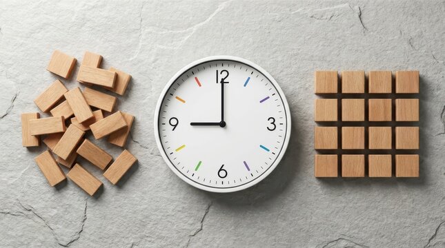 Analog clock showing nine o'clock between messy wood blocks and organized wooden cubes on stone texture surface.