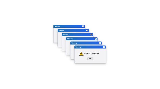 Multiple computer critical error window pop ups on a white background. 4K Video