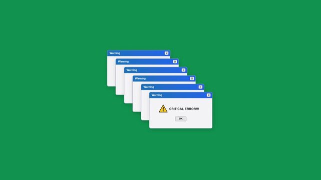 Cascading critical system error windows on green background. 4K Video