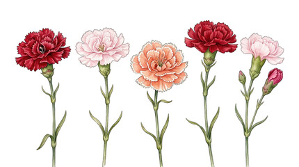 Fototapeta premium Watercolor carnation collection isolated on transparent background floral design elements for invitations and prints