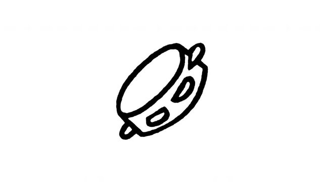Animated 4K tambourine doodle icon with line boil effect. Hand drawn line art on black and green screen backgrounds for percussion rhythm, jingle shaker, acoustic music, and folk video edits.