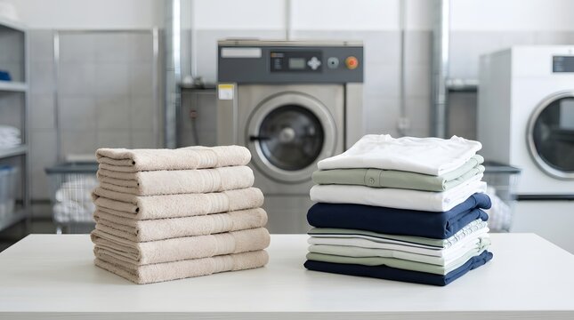 Two neat stacks of folded clean towels sitting on a table in a professional laundromat setting