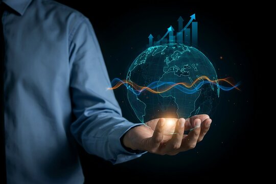 Businessman holding a digital globe with rising financial growth charts and data analytics icons