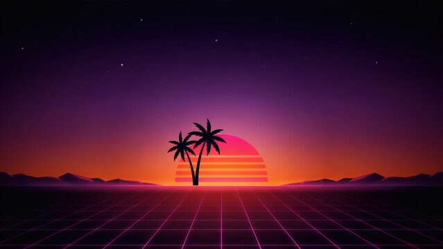 Retro synthwave sunset with palm trees with trees digital grid grid floor illustration futuristic background silhouette vaporwave mountains with y2k