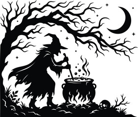 Naklejka premium Black and white witch stirring bubbling cauldron with magic potion, halloween fantasy
