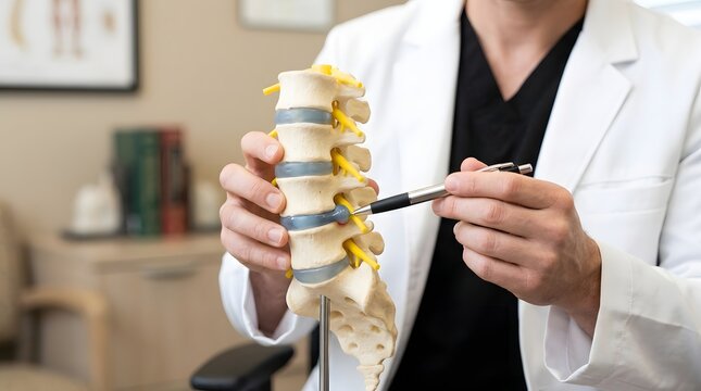 Chiropractor or medical doctor pointing to a human spine model to explain back pain treatment in clinic