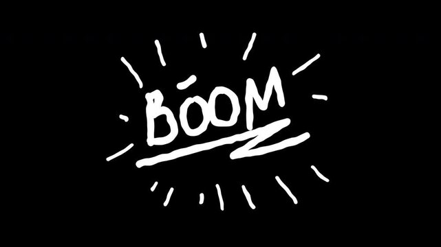 BOOM pop art comic text animation with burst effect scribble doodle effect in black background 4k video.