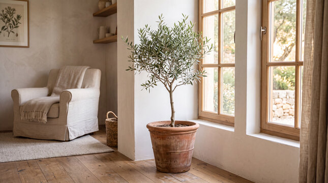 Potted olive tree in terracotta planter by bright wooden windows
