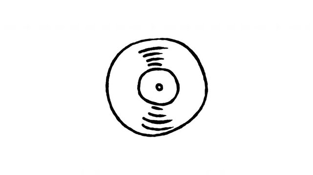 Hand drawn 4K vinyl record LP doodle animation with boiling line movement. Frame by frame line art on black and green screen backgrounds for retro DJ disc, album, turntable, and audio edits.