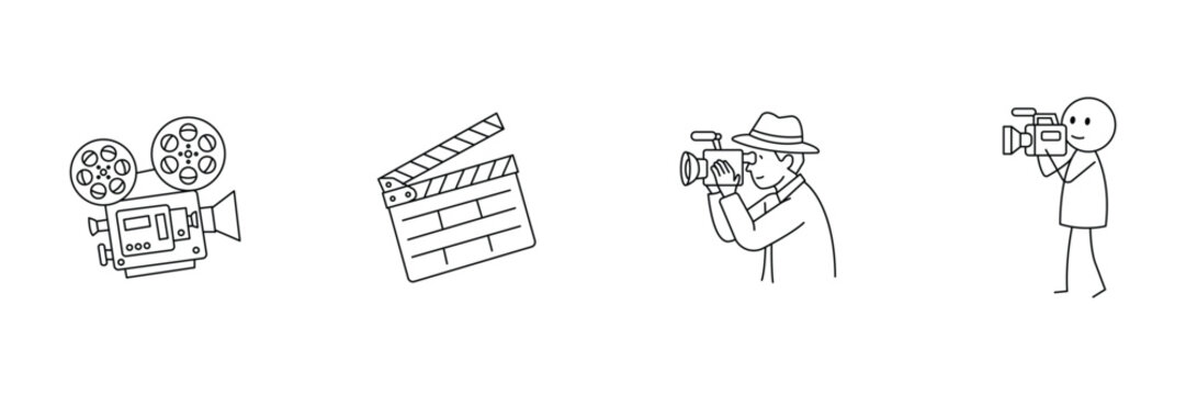 Movie filming line icon set vintage projector clapperboard videographer cameraman vector illustration.