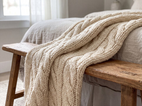 Chunky cream cable knit throw draped over rustic wooden bench at foot of bed