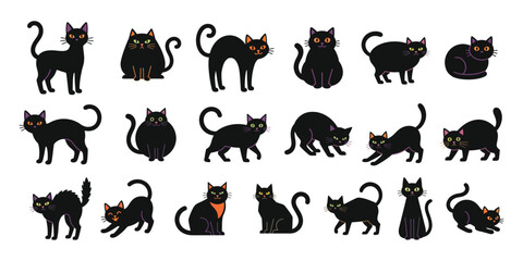 Obraz premium Collection of various black cat silhouettes in different poses for halloween design and creative art projects