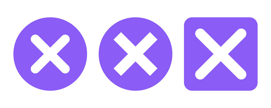 Violet Three Cross Marks Icon Set Isolated on Transparent Background PNG Vector Symbols