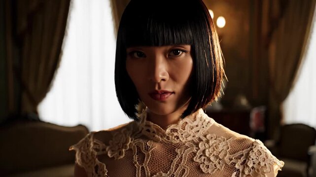 Elegant Asian Woman with a Sharp Black Bob Haircut in a Dim Luxury Room with Warm Rim Light