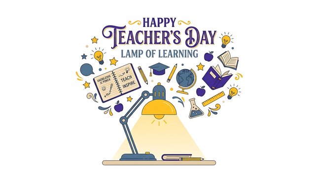 Happy teachers day creative lamp of learning vector graphic with teachers