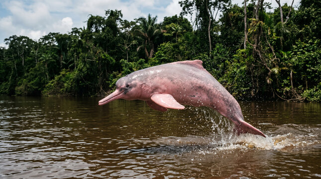 Pink River Dolphin Leaping in the Amazon Rainforest