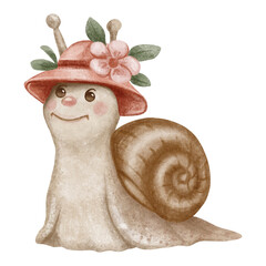 Cute snail in a pink hat with a flower. Vintage watercolor hand-painted fairytale character for nursery decor, story illustrations and children garden themed projects. © Marina Morenova