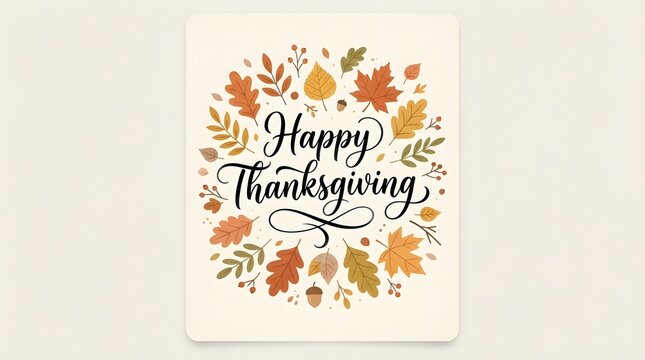A beautiful happy thanksgiving greeting card design featuring a decorative wreath made of colorful autumn leaves and elegant hand written calligraphy on a soft background