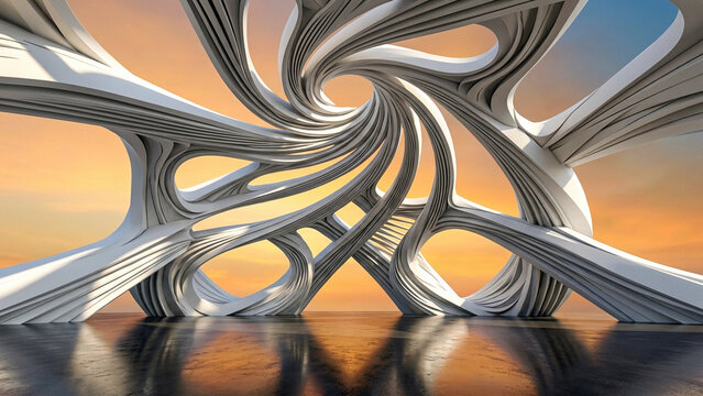 Futuristic minimalist symmetrical white parametric pavilion architectural structure 3D render with clear background.