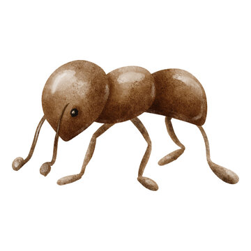 Cute brown ant walking on a white background. Vintage watercolor hand-painted fairytale character for nursery decor, story illustrations and children themed projects.