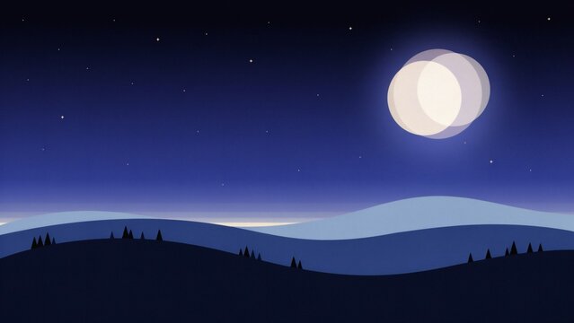 Peaceful night sky with moon with dark blue rolling hills tree silhouettes stylized night scene large glowing moon moon scattered stars illustration